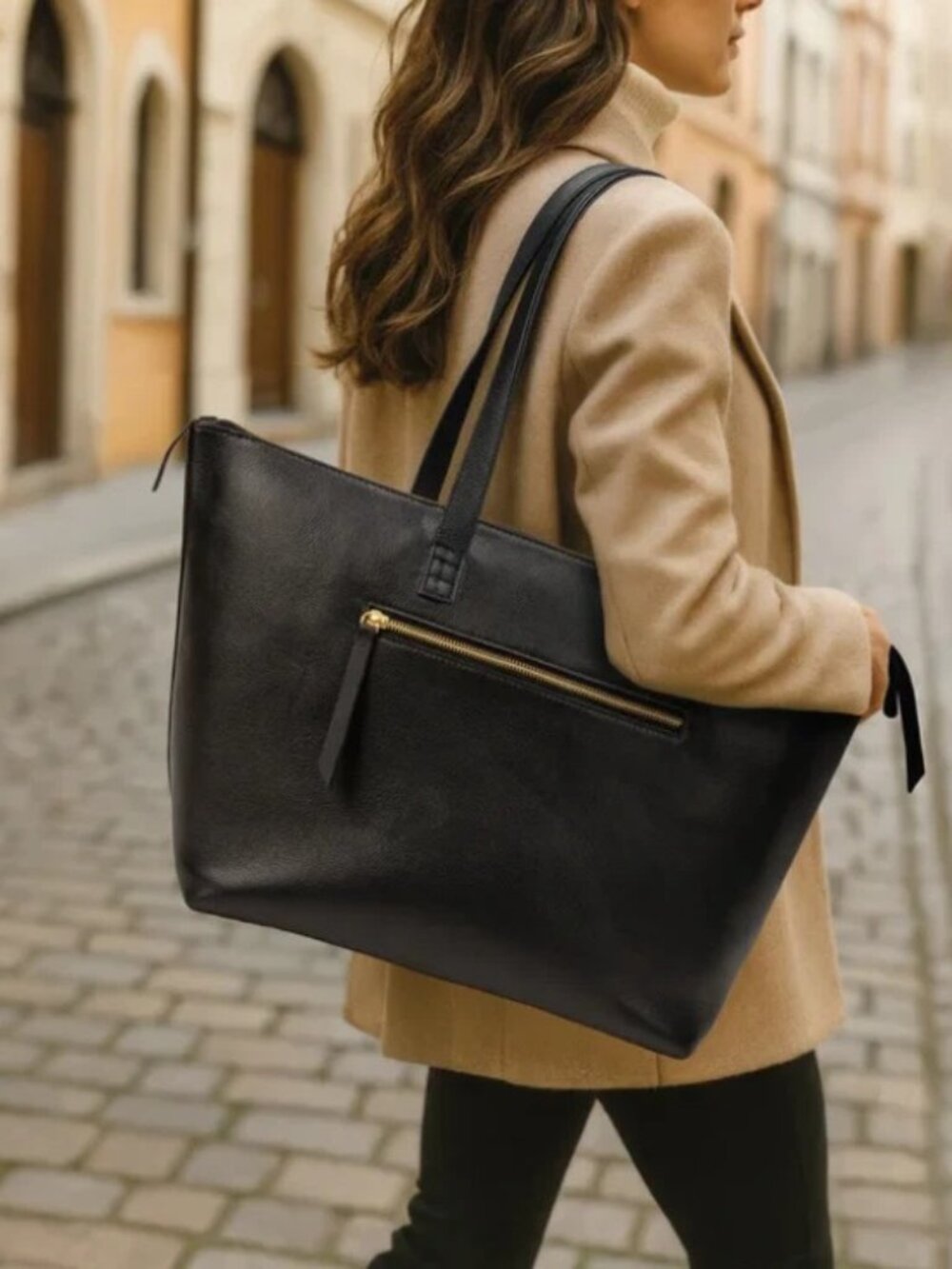 Buffalo Leather Tote Bag - Black - Large